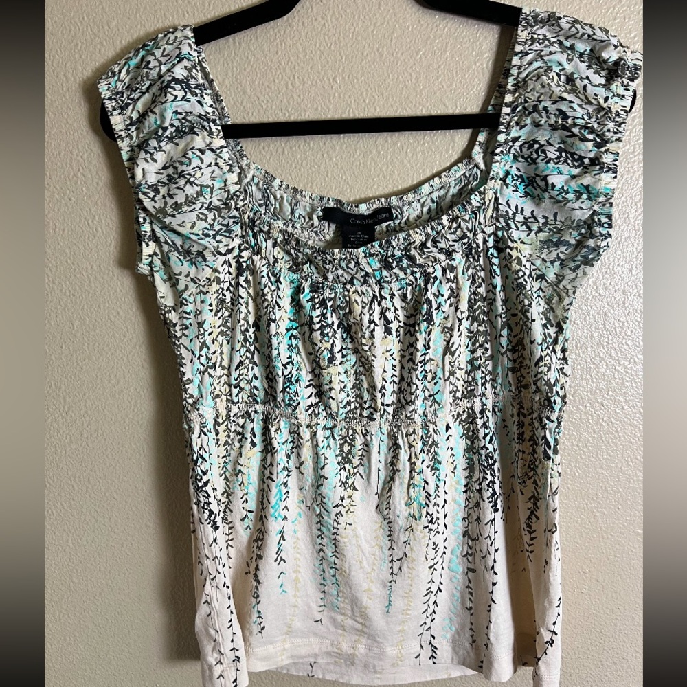 Calvin Klein Jeans Tan Blue Flutter Sleeve Blouse Babydoll size M boho earthy